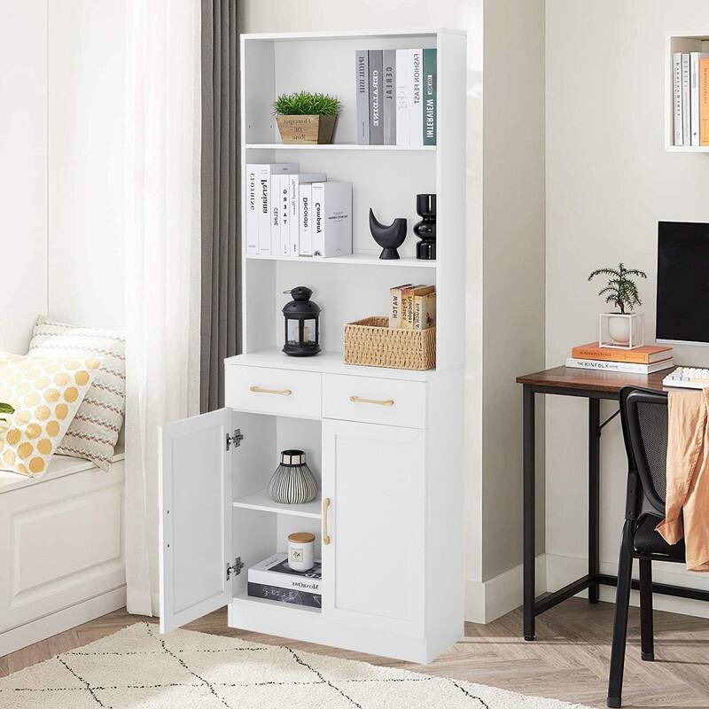 Bookshelf with Two Doors and Drawers, Adjustable Shelf, Three-layer Open Shelf
