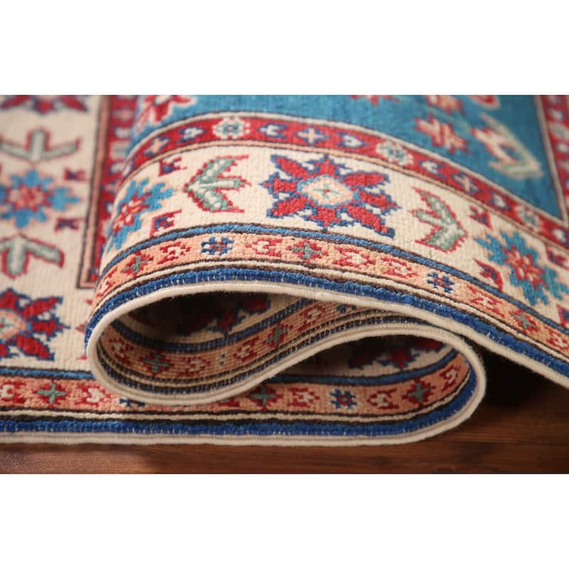 Blue Geometric Kazak Oriental Accent Rug Handmade Wool Carpet - 2'9" x 4'0"