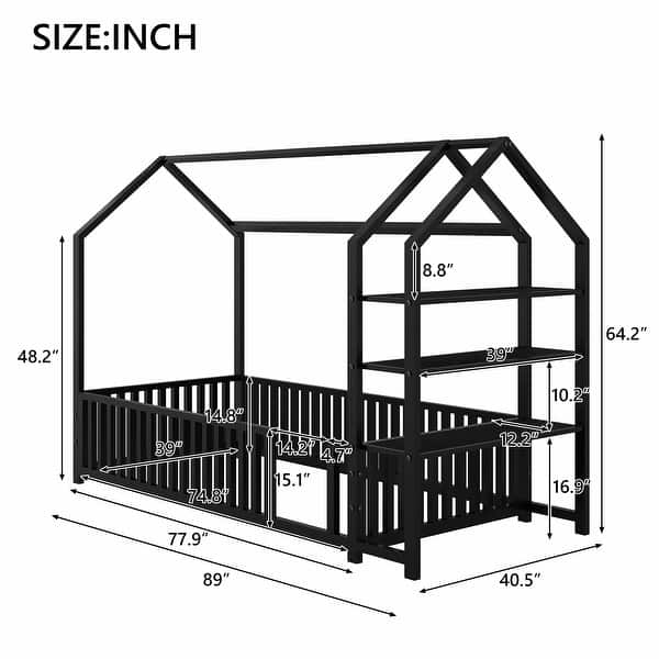 dimension image slide 0 of 2, Metal House Bed with Fence and Detachable Storage Shelves