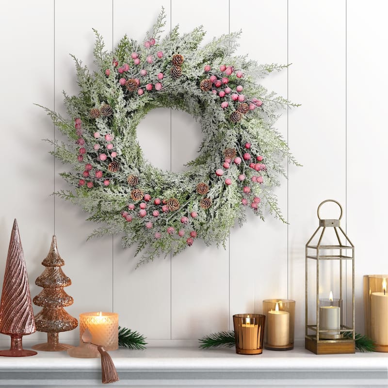 Puleo International 24" Artificial Flocked Wreath Adorned with Pinecones and Red Berries - Green