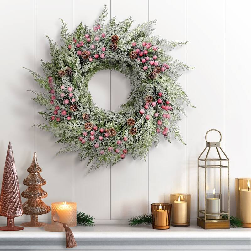 Puleo International 24" Artificial Flocked Wreath Adorned with Pinecones and Red Berries