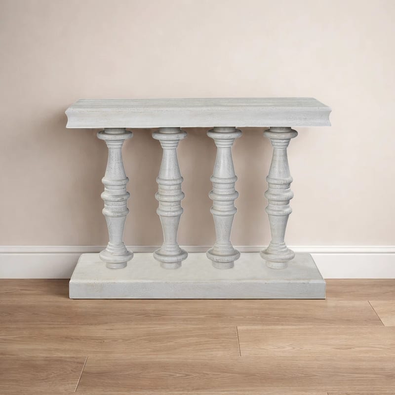 Console Table, 42-Inch Mango Wood Top, Shabby Chic Finish, Turned Pillar Legs