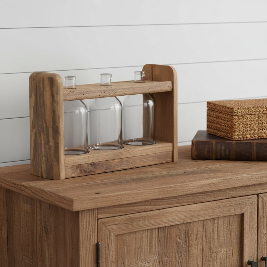 10" Clear And Brown Glass And Wood Three Bottle Table Vase - 15.00