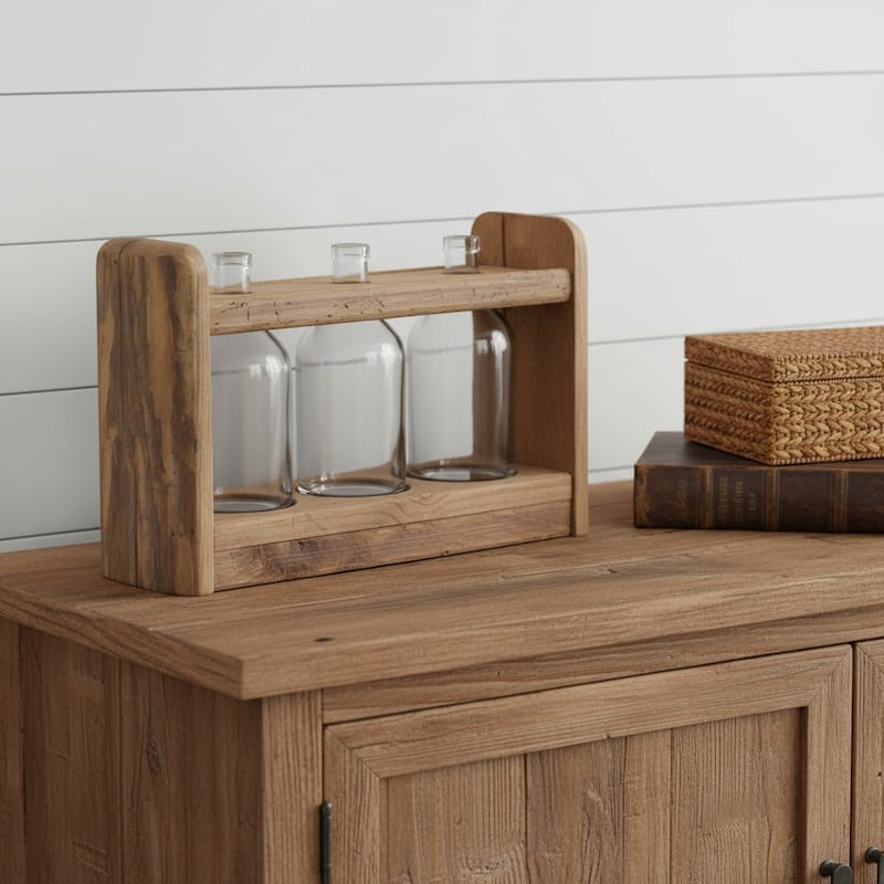 10" Clear And Brown Glass And Wood Three Bottle Table Vase - 15.00 - Clear/Brown - 15.00