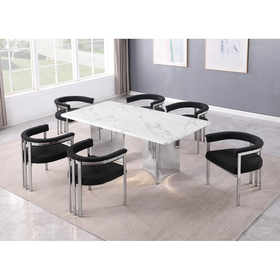 Best Quality Furniture White Marble 7pc Dining Set Boucle Fabric