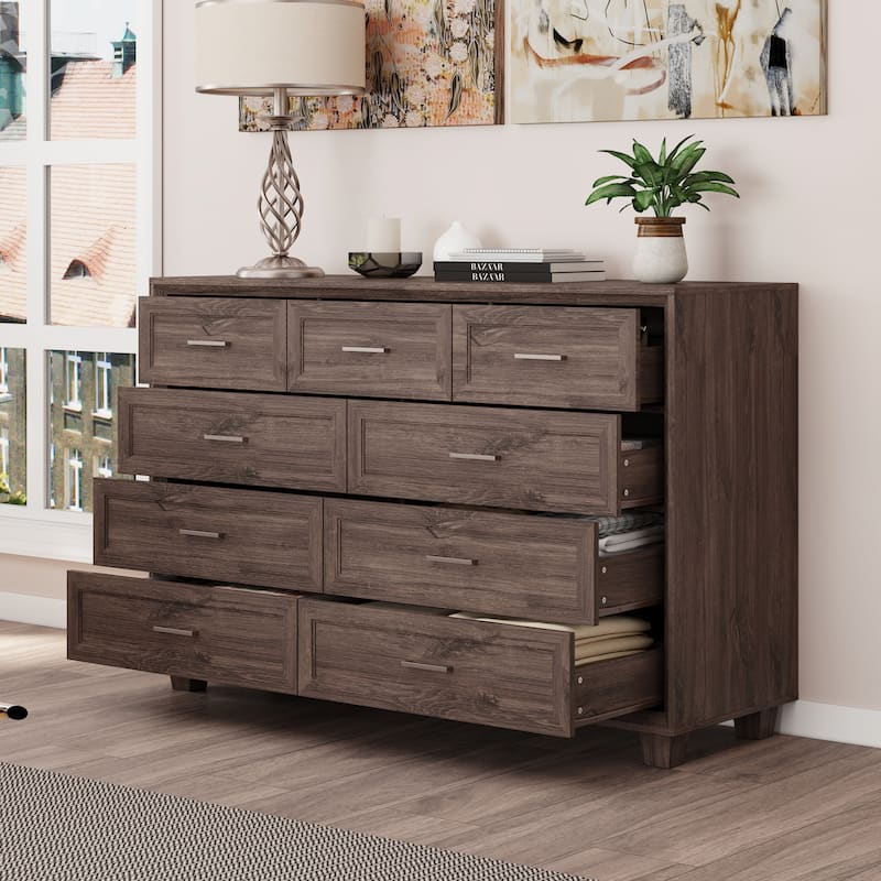 Modern 9-Drawer Dresser with Solid Wood Legs, Vintage Brown and White Wood Grain Options, Bedroom Storage Chest