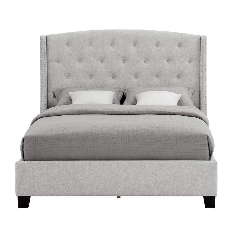 Queen Size Upholstered Panel Bed with Button Tufted Headboard, Dove Gray, Wood Fabric