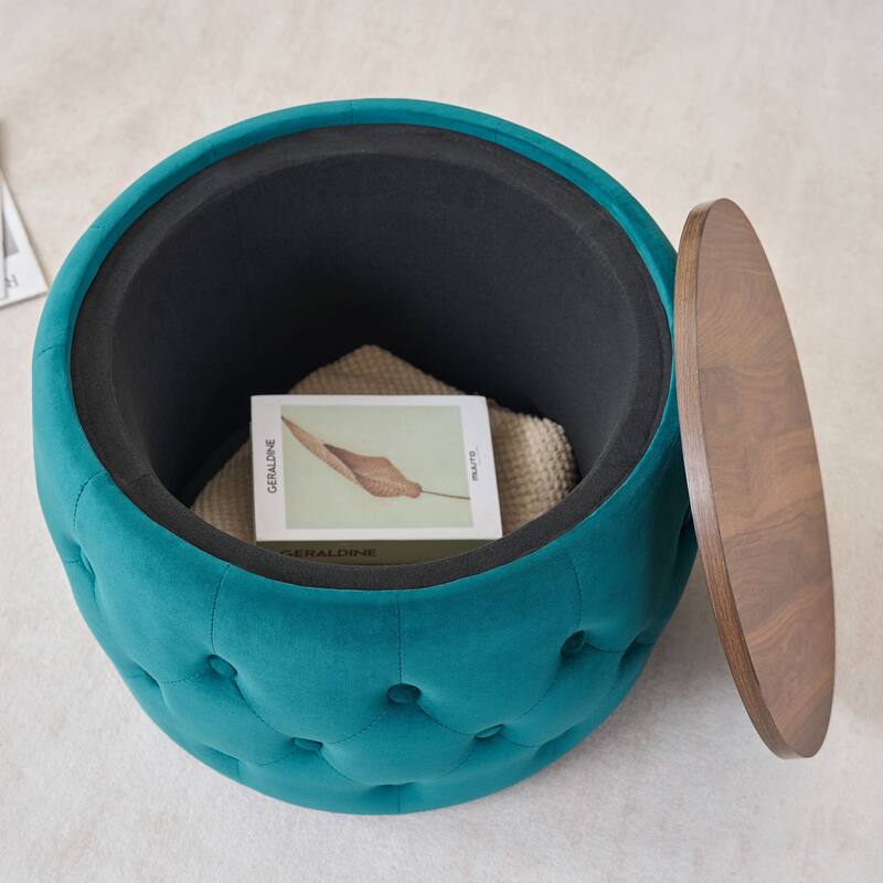 Luxurious Velvet Nesting Ottomans of 2, 4-in-1 Function, Round Storage Foot Stool with Wood Tray, No Assembly Needed