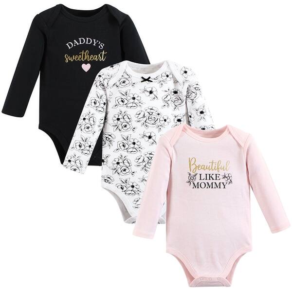 slide 1 of 1, Hudson Baby Infant Girl Cotton Long-Sleeve Bodysuits, Mom Dad Toile 0-3 Months - Mom Dad Toile