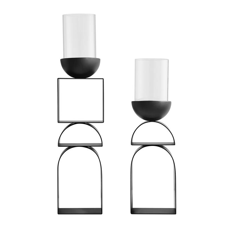 Black Geometric Pedestal Tabletop Candle Holders Set of 2