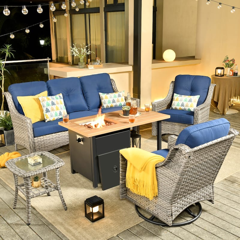 OVIOS 5 Pieces Outdoor Wicker Curved Swivel Chair Set With Fire Table