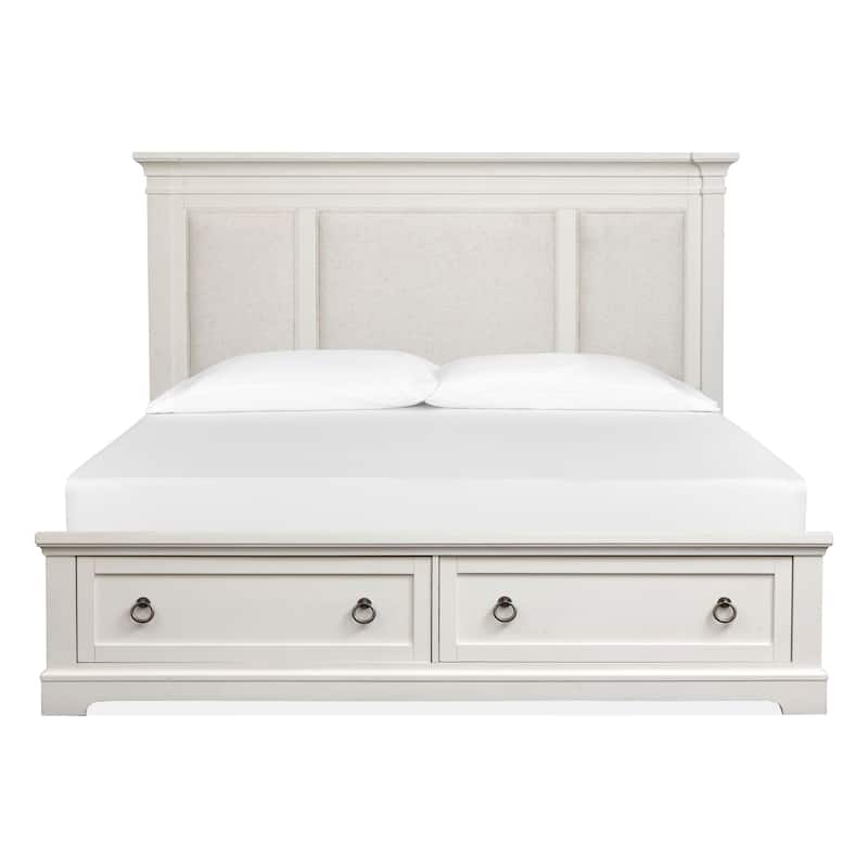 Magnussen Home Kingston Whisper White and Cerused Nutmeg Upholstered Panel Storage Bed