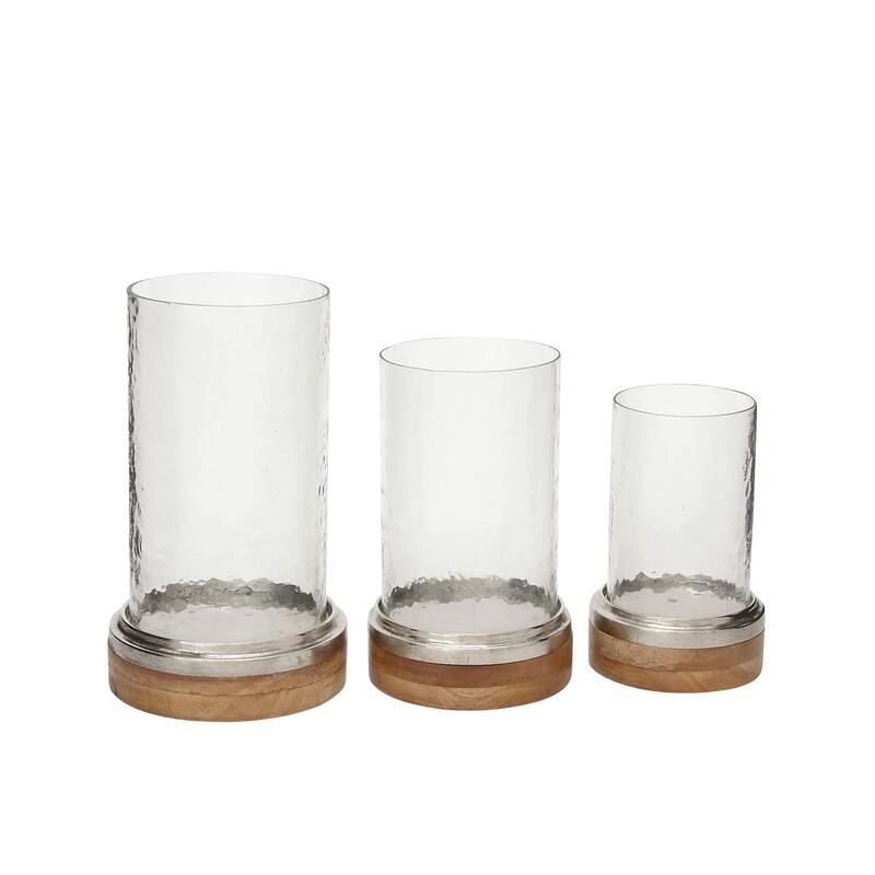 Brown Wood Pillar Hurricane Lamp with Glass Candle Holders (Set of 3)
