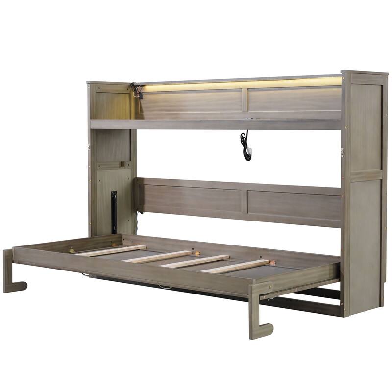 GDFStudio - Solid Wood Twin XL Murphy Bed with Desk, LED Light, USB Charging and Storage