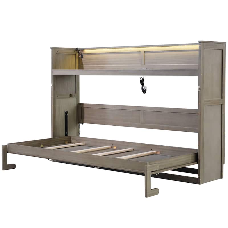 Grey Wash Murphy Bed, Twin XL Size Frame with Desk, LED Light and USB Charging Station, Space-Saving Foldable Cube Cabinet Bed