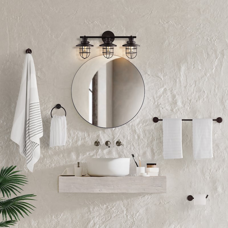 Hollis 24" 3-Light Industrial Farmhouse Vanity Light with Bathroom Hardware Accessory Set, (5-Piece) by JONATHAN Y