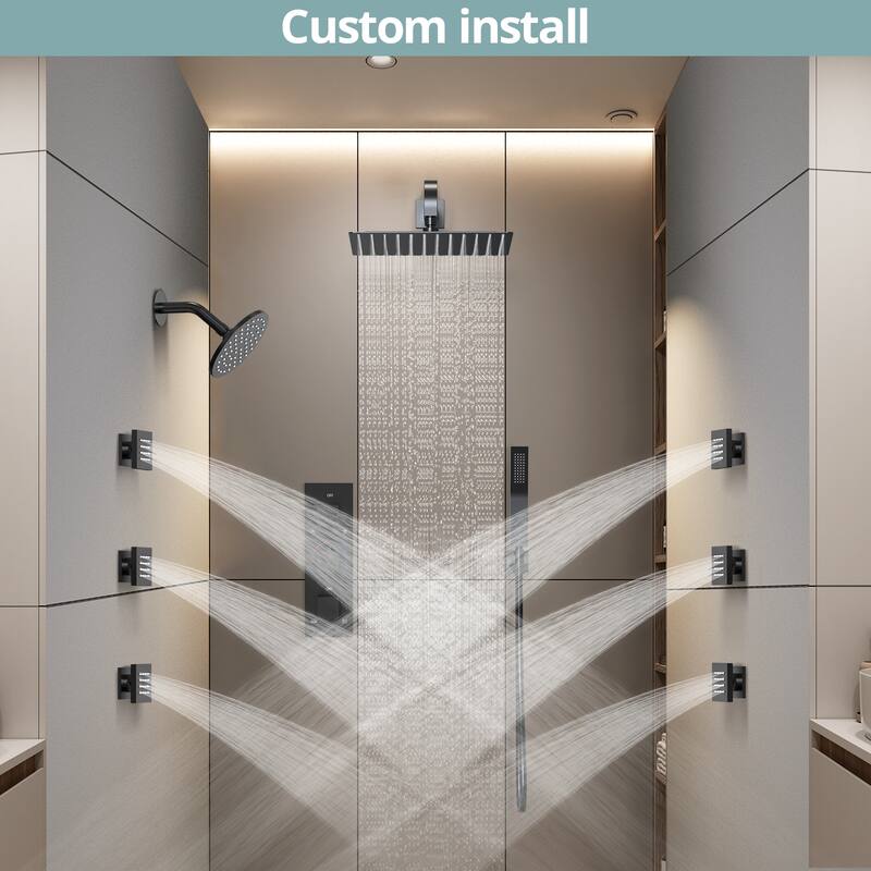 Dual Heads 12"Rainfall and High Pressure 6"Shower Faucet Dual Cascade System 3 Way Thermostatic Valve with 6 Body jets