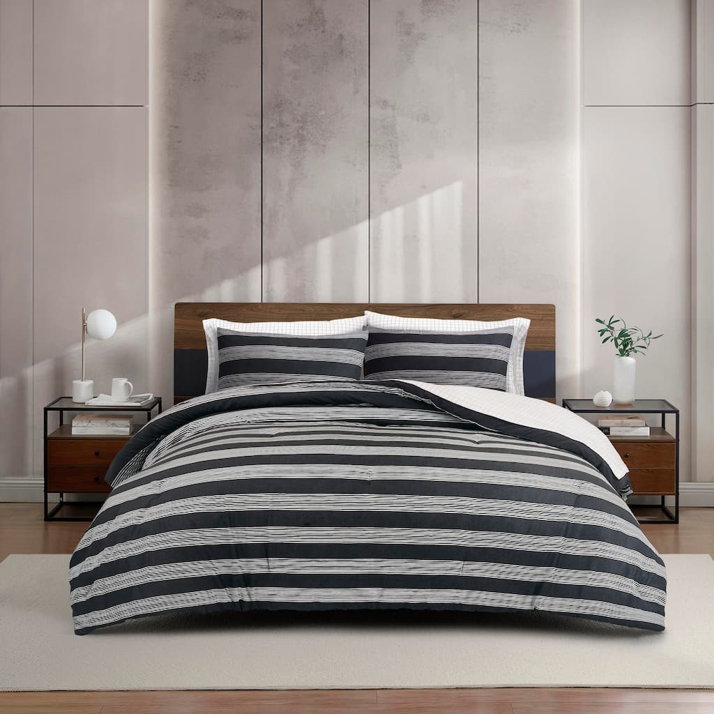 Kenneth Cole Banded Stripe Textured Black 7 Piece Comforter Bonus Set
