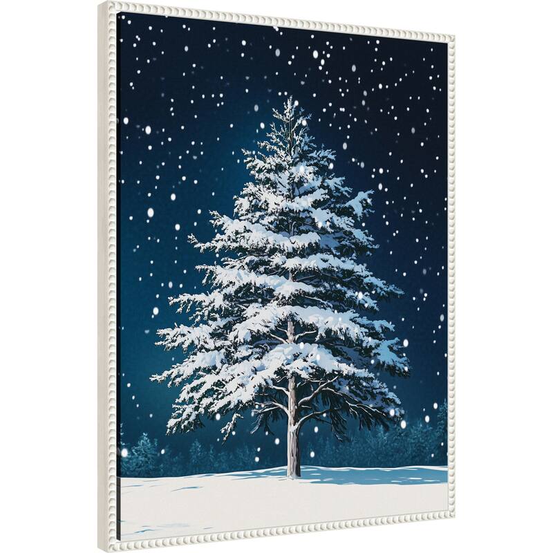 Winter Snowy Pine Tree by Pictufy Studio Framed Canvas Wall Art Print - Sylvie Beaded White
