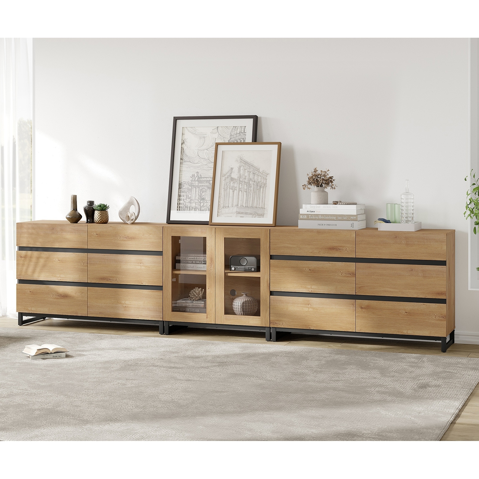 WAMPAT Modern Sideboard with Adjustable Shelves and Drawer, 3 in 1 Storage Cabinet with Glass Doors for Living Room, Kitchen