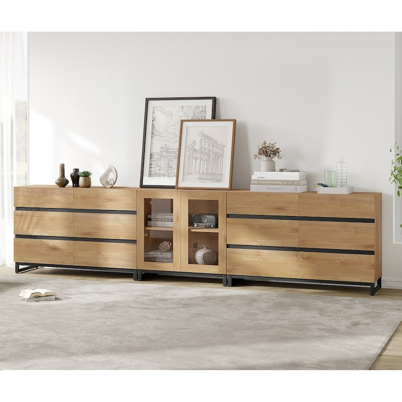 WAMPAT Modern Sideboard with Adjustable Shelves and Drawer, 3 in 1 Storage Cabinet with Glass Doors for Living Room, Kitchen - 94.5 inches - Oak