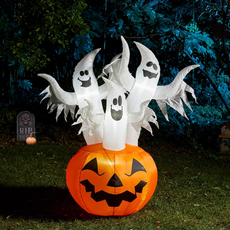 Glitzhome 6FT Lighted 3 Screaming Ghosts In Pumpkin Inflatable Decor
