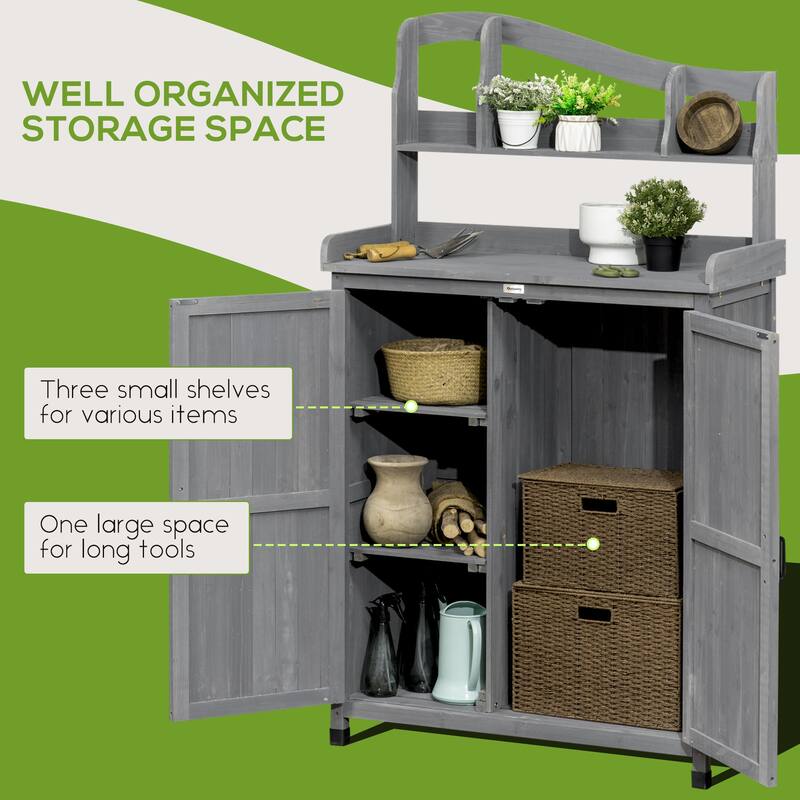 Outsunny Outdoor Potting Bench Table & Garden Storage Cabinet, Multi-function Gardening Bench, Wooden Planting Workstation