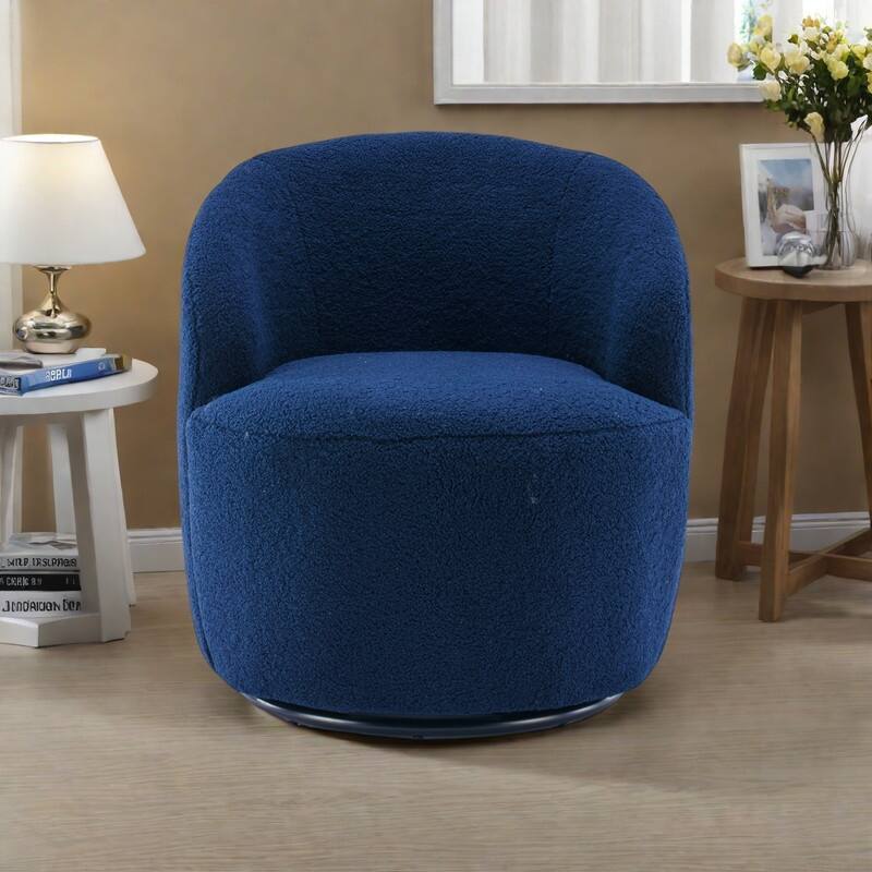 Teddy Fabric Swivel Chair Barrel Accent Chair with 360° Rotation and Metal Base - Dark Blue
