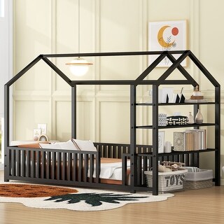 Twin Size Metal House Bed with Fence and Detachable Storage Shelves