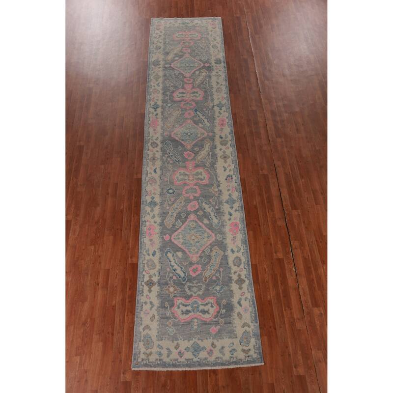 Hand Knotted Oriental 100% Wool Carpet Transitional Geometric Greys & Charcoal Oushak Runner Rug - 16' 1'' X 3' 5''