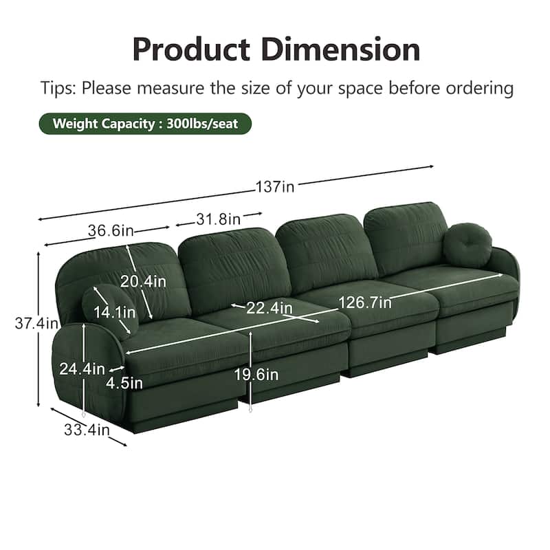 GDFStudio Alden Voss 137" Chenille Cloud 4-Seater Sofa with Quilted Back Cushions, Deep Seat