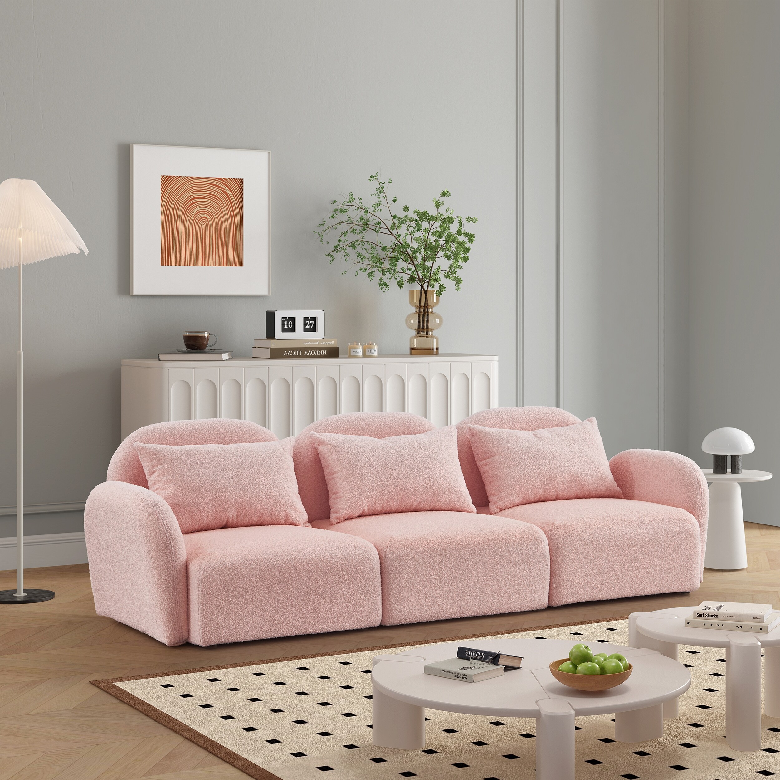 Pink 3 Seat Lazy Sofa Chairs with Pillow Back Curve Arm Teddy Fabric Accent Sofa with Removable Cushion for Livingroom