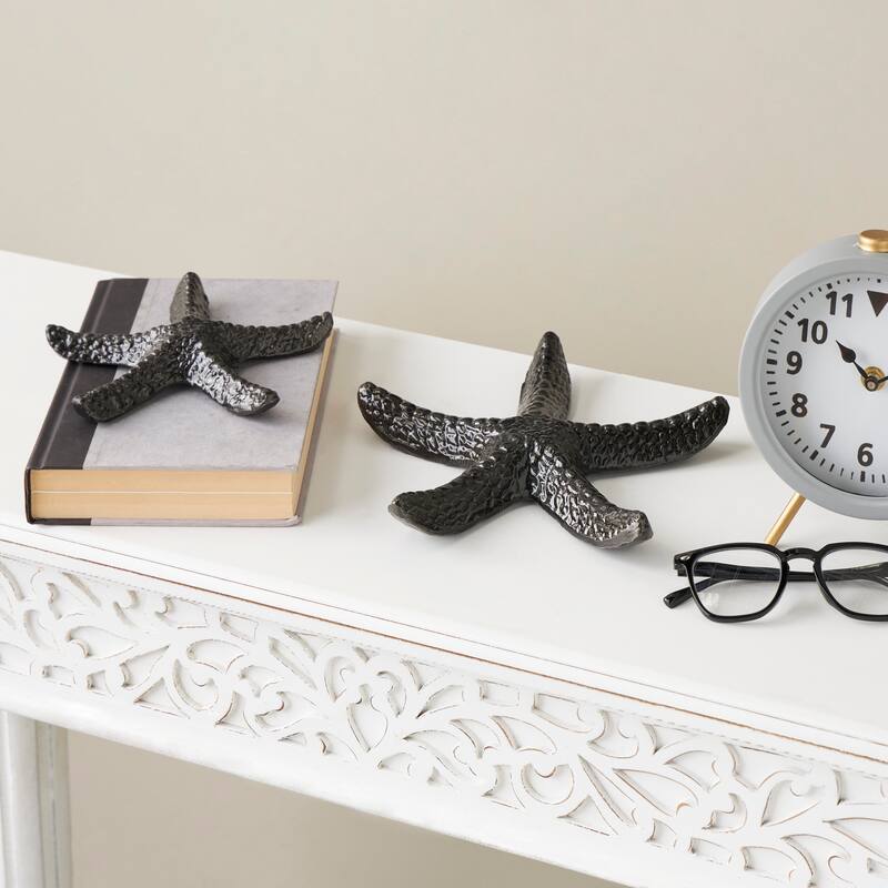 Black Aluminum Metal Bubble Textured Starfish Decorative Sculpture (Set of 2) - Black