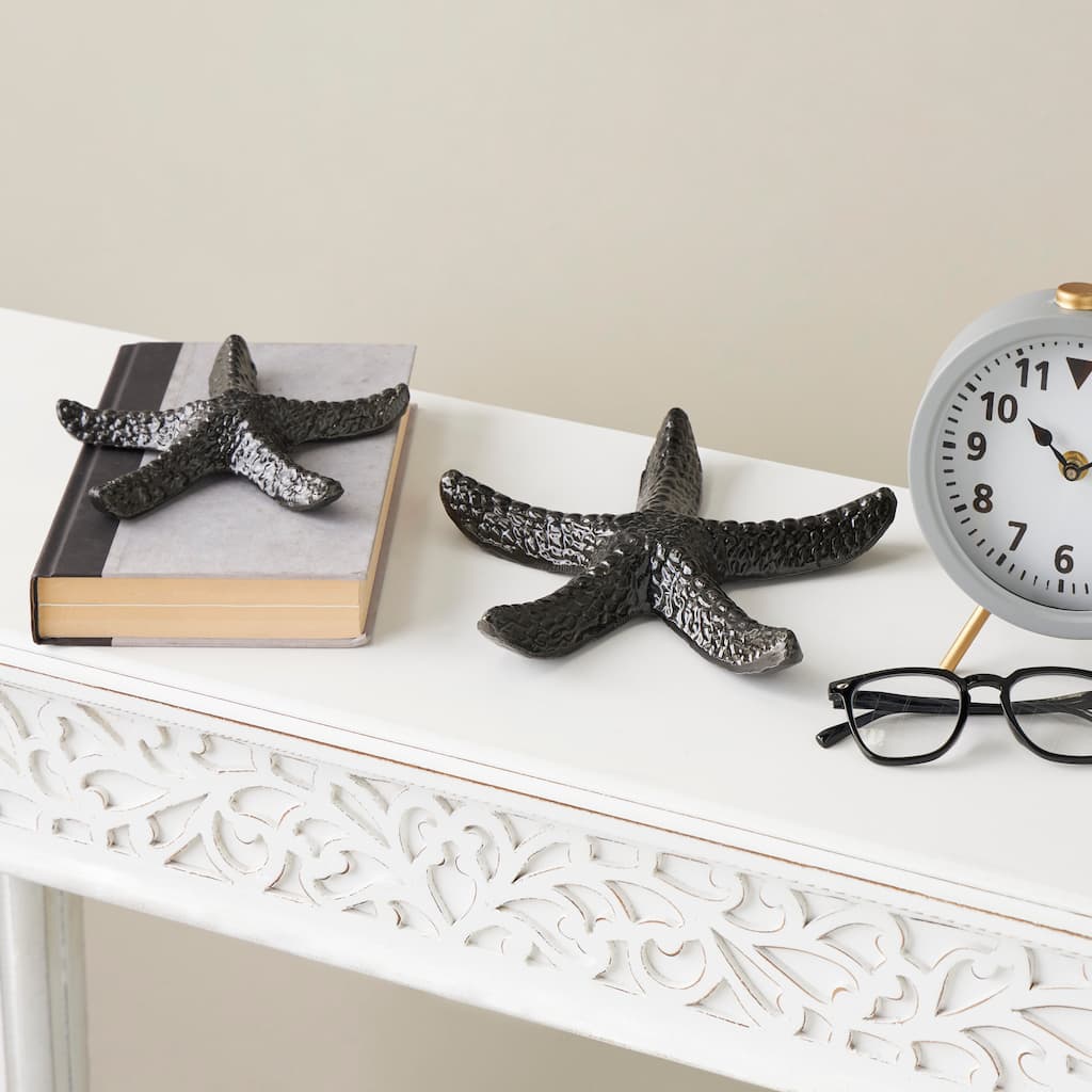 Black Aluminum Metal Bubble Textured Starfish Decorative Sculpture (Set of 2)