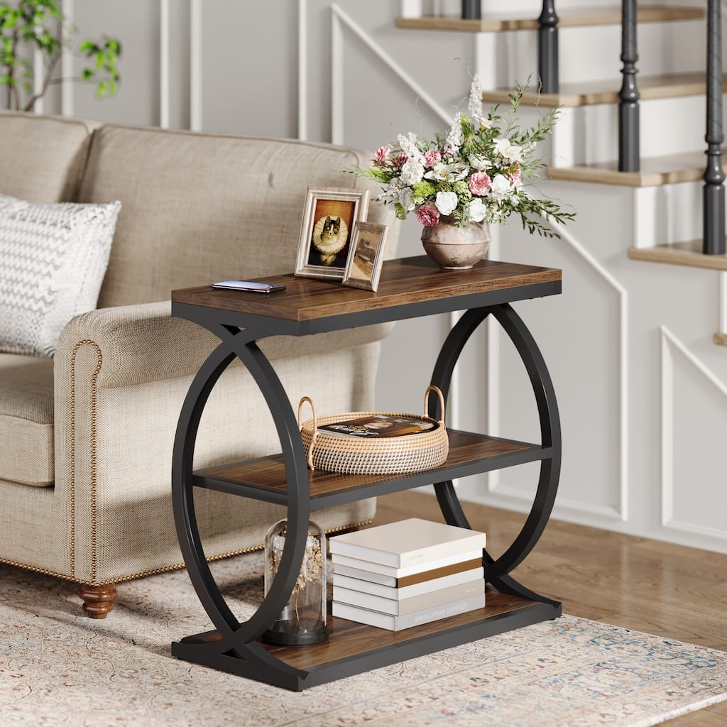 Small 3-Tier End Table for Living Room, Industrial Wooden Side Table with Metal Frame, Rustic Brown