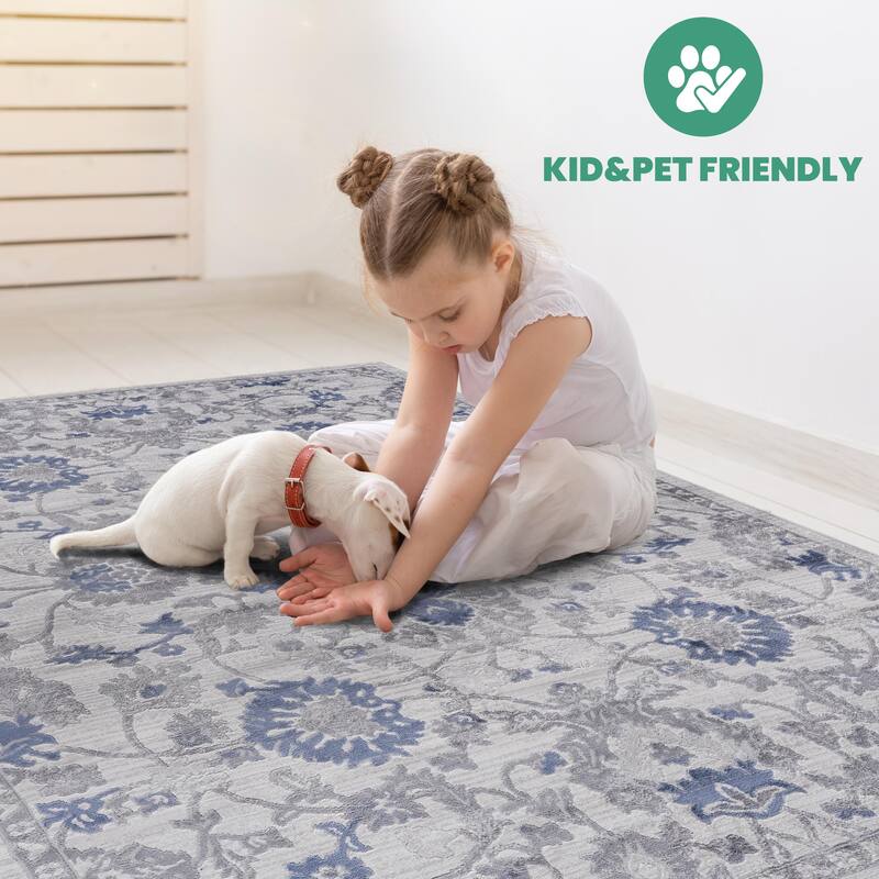 LOOM & LUXE Blue/Silver Collection Oriental Non-Shedding Area Rug