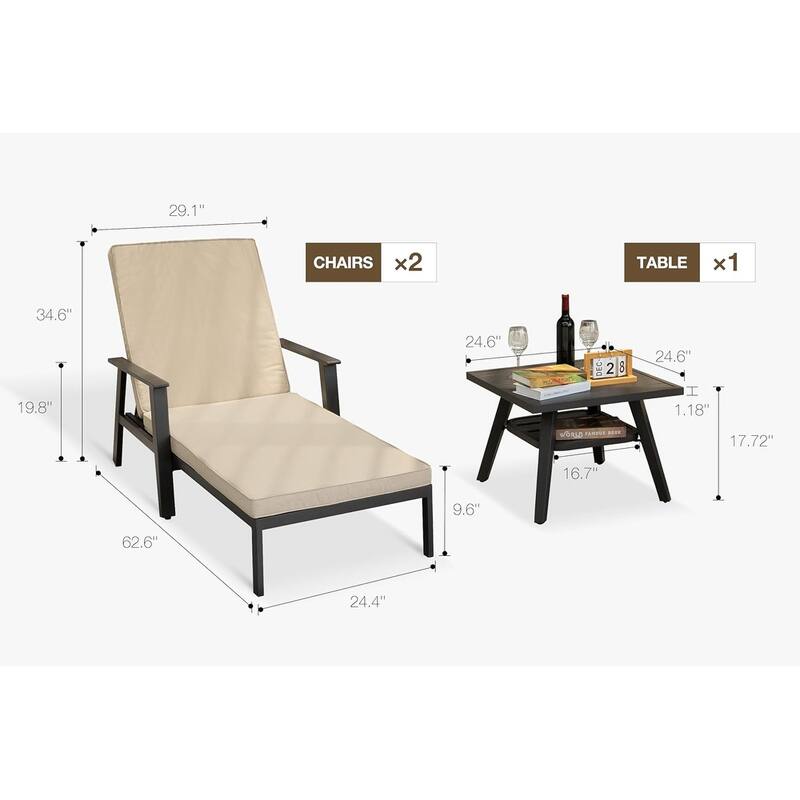 PURPLE LEAF Adjustable Chaise Lounge - Thick Cushioned Outdoor Recliner with Side Table, for Patio, Beach & Backyard (Khaki)
