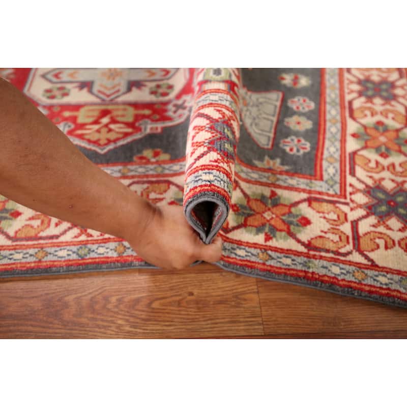 Geometric Kazak Oriental Accent Rug Handmade Grey Wool Carpet - 3'1" x 5'1"