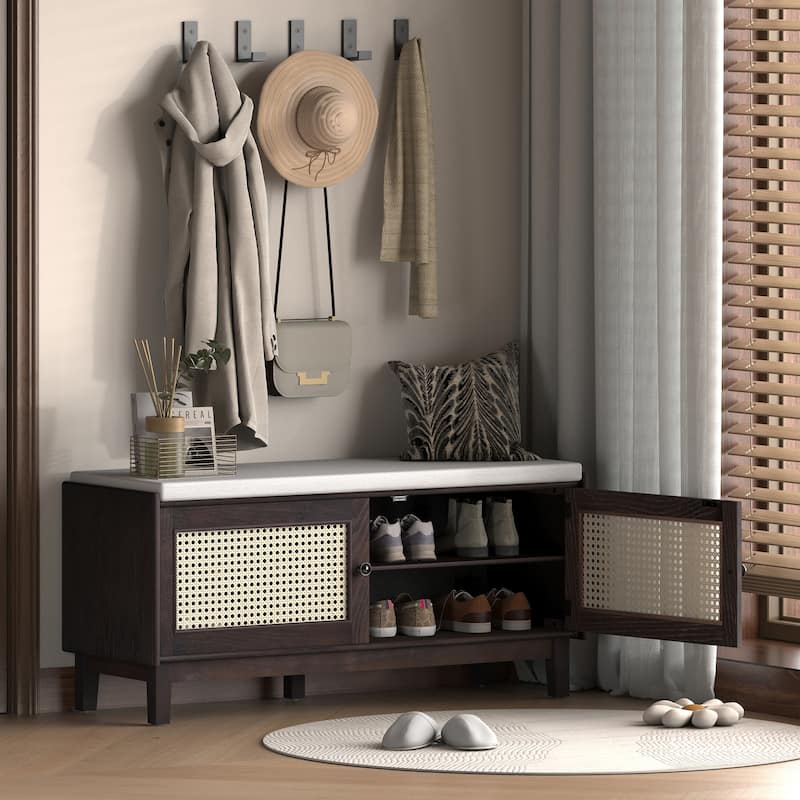 Boho Rattan Shoe Storage with Washable Cushion & Adjustable Shelves by Harper&Bright Designs - Beige&Espresso