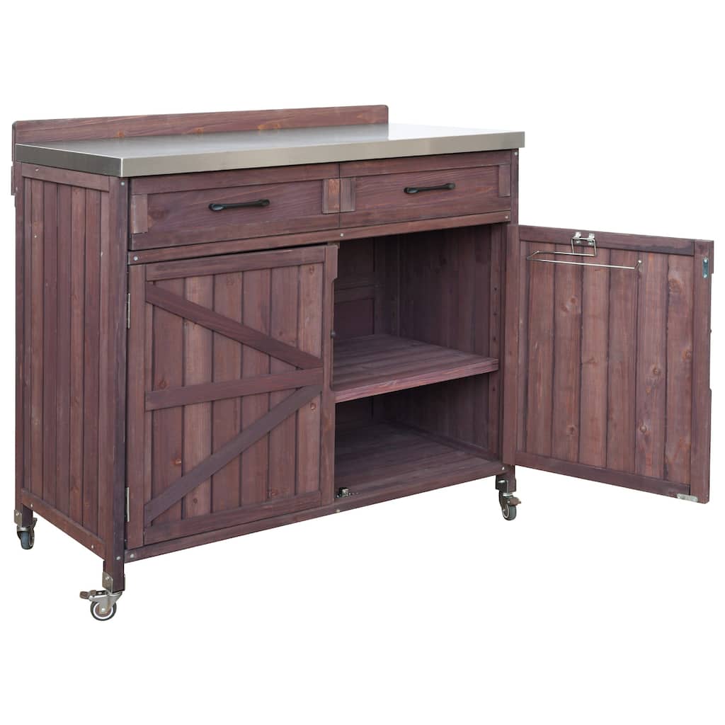 39.4" Outdoor Kitchen Island on Wheels with Stainless Table Top, Outdoor Kitchen Cabinet with Adjustable Shelves