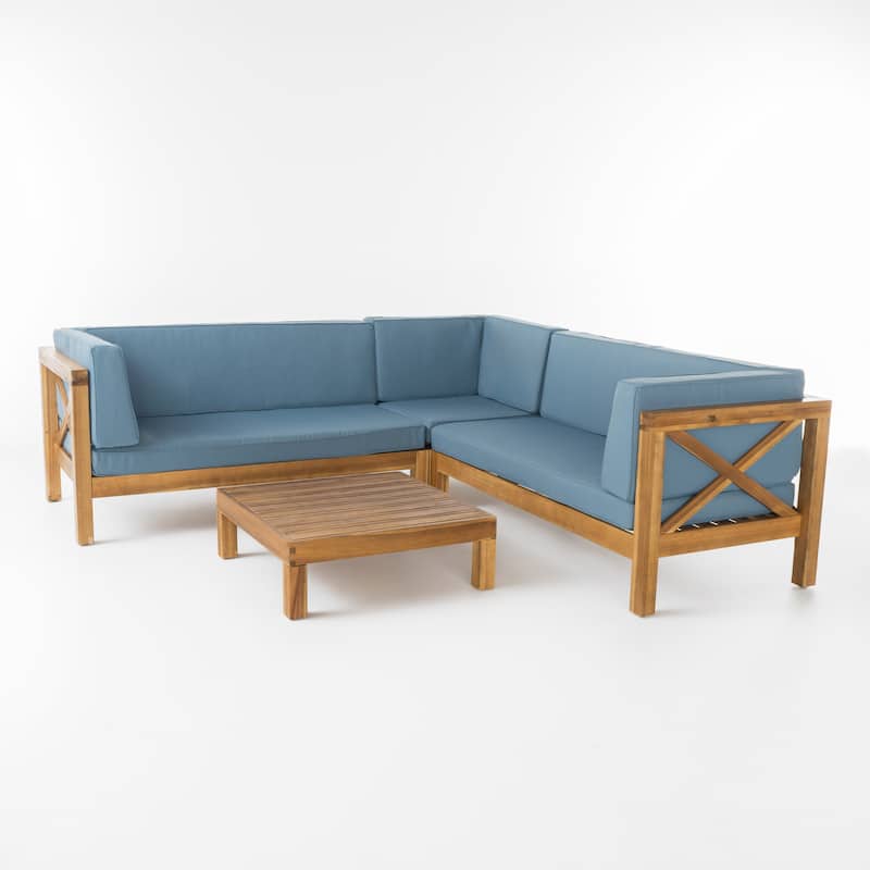 Brava Outdoor 4 Piece V-Shaped Acacia Wood Sectional Sofa and Coffee Table Set by Christopher Knight Home