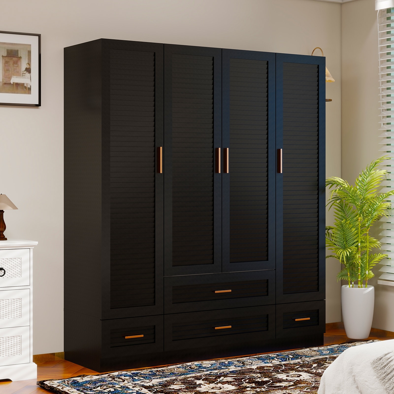 4 Door Armoire Wardrobe Closet with Drawer and Hanging Rod, Wooden Black  Bedroom Armoire - Bed Bath \u0026 Beyond - 41921566, image size:1600x1600