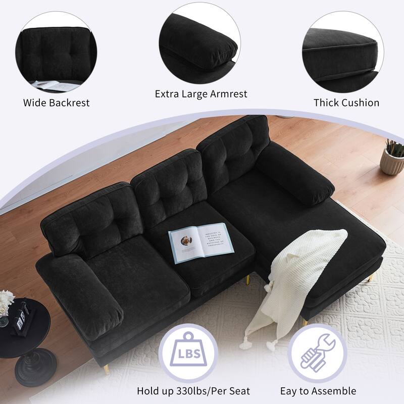 Velvet Sectional Sofas Couches with Pillow Top Arms and Upholstered Backrest, Modern L-Shaped Couches with Metal Legs