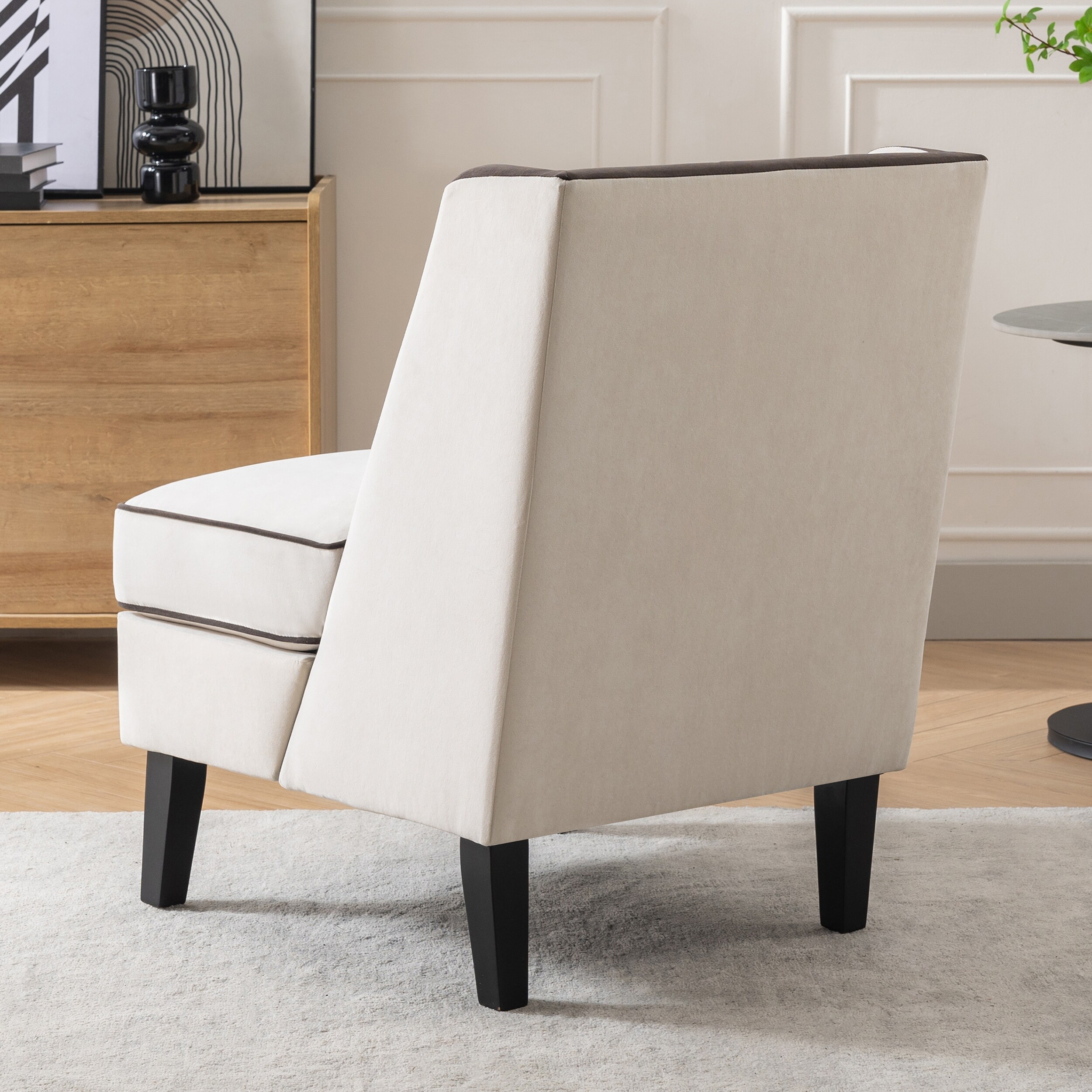 Beige Velvet Upholstered Accent Chair with Cream Piping for Living