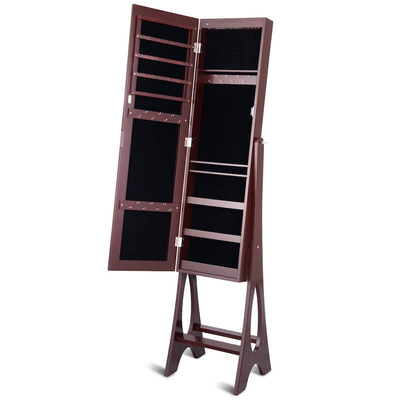 Freestanding Jewelry Cabinet Armoire Organizer with 5 Lined Shelves and Full Size Mirror - 14.5" x 13.5" x 61" (L x W x H) - Brown