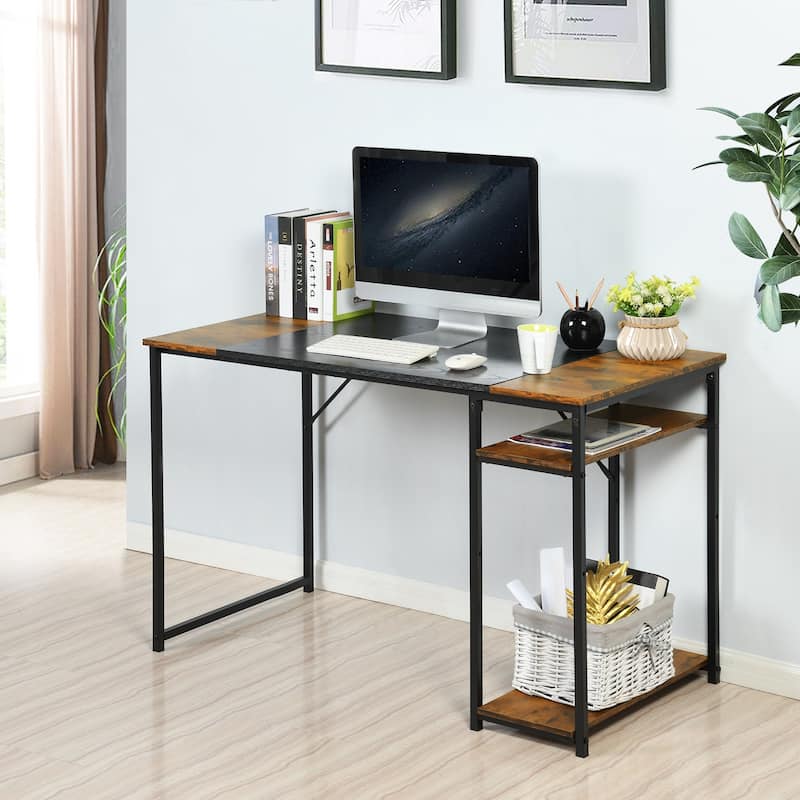 Homylin Industrial Writing Desk with Side Storage Shelves, Black Brown