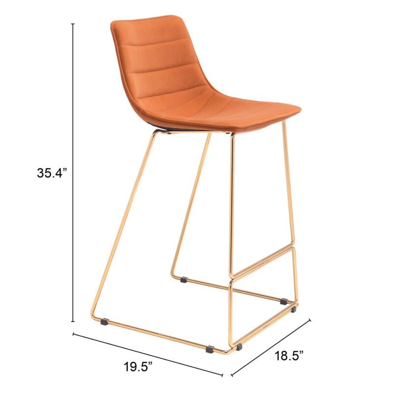 Set of 2 Orange Velvet Bar Height Chairs Modern Gold Frame Stools with Footrest and Backrest - 40.2”H x 18.5”W x 19.5”D