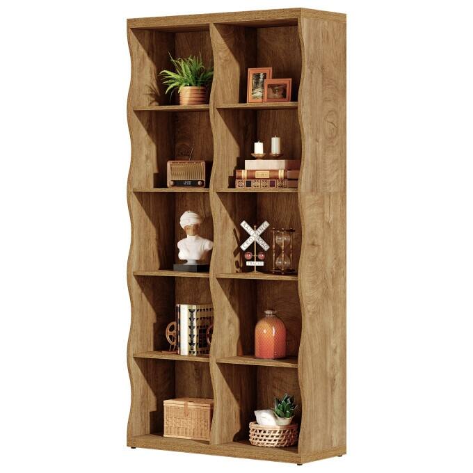 70.86" Bookcase with 10 Storage Cubes, 5-Tier Wave-Design Bookshelf