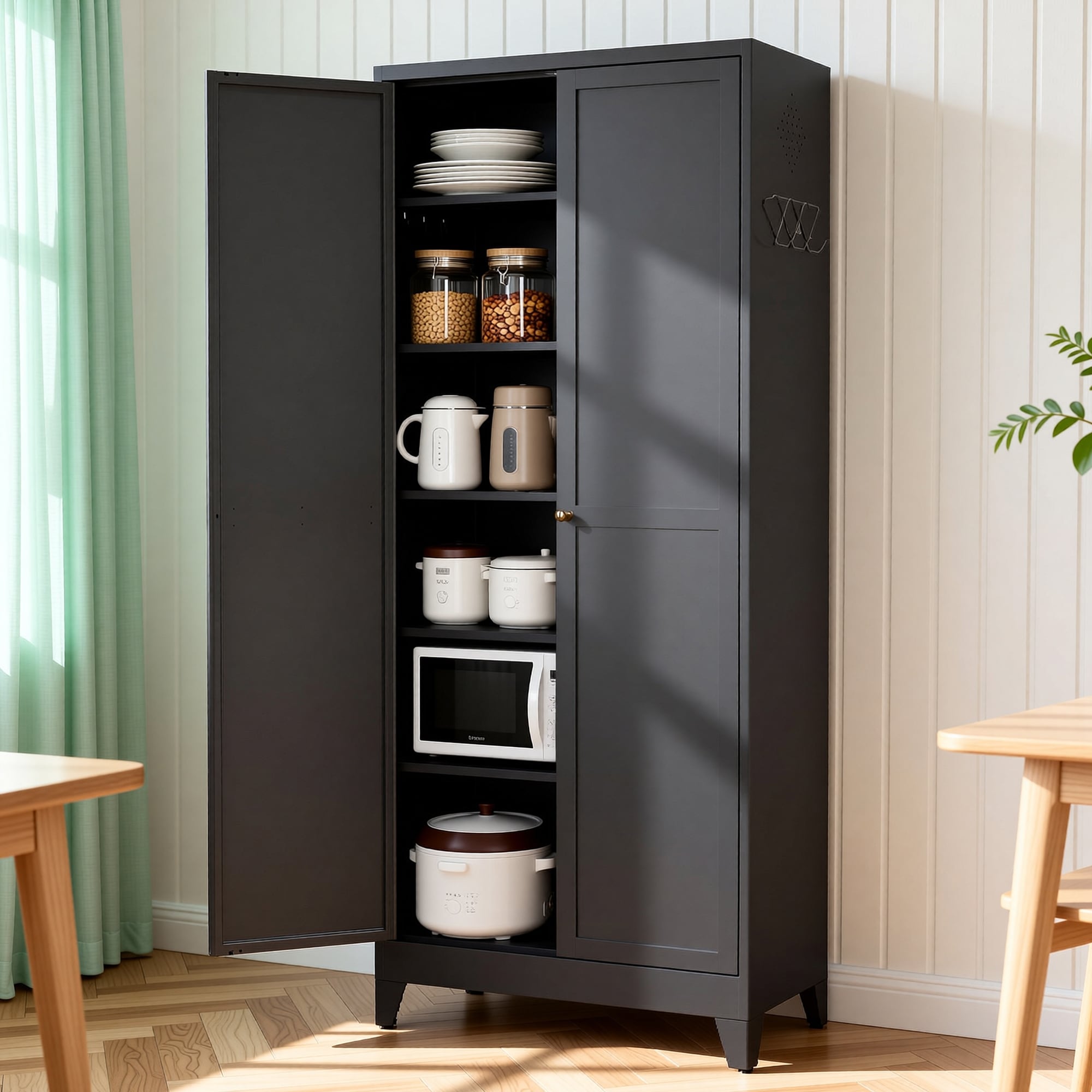 75"Metal Kitchen Pantry Cabinet Adjustable Storage with 5 Shelves, Freestanding Kitchen Storage Cabinet with Adjustable Shelves