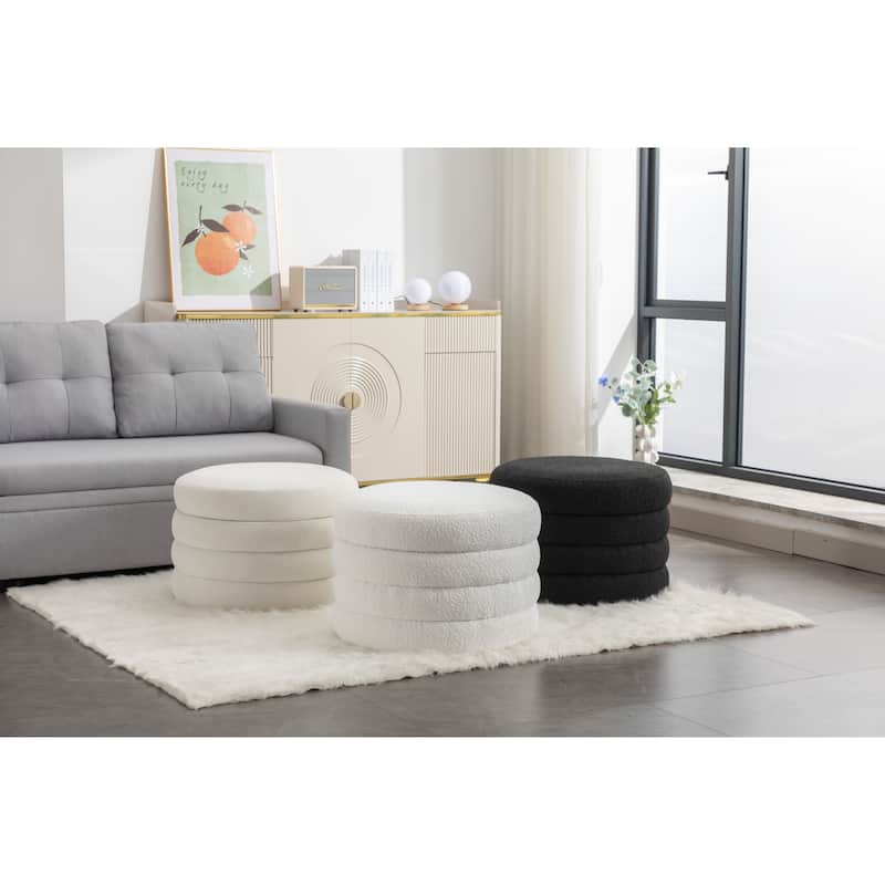 Velvet Round Ottoman with Storage, Footstool with Wooden Shelving, Multifunctional Round Vanity Stool for Makeup